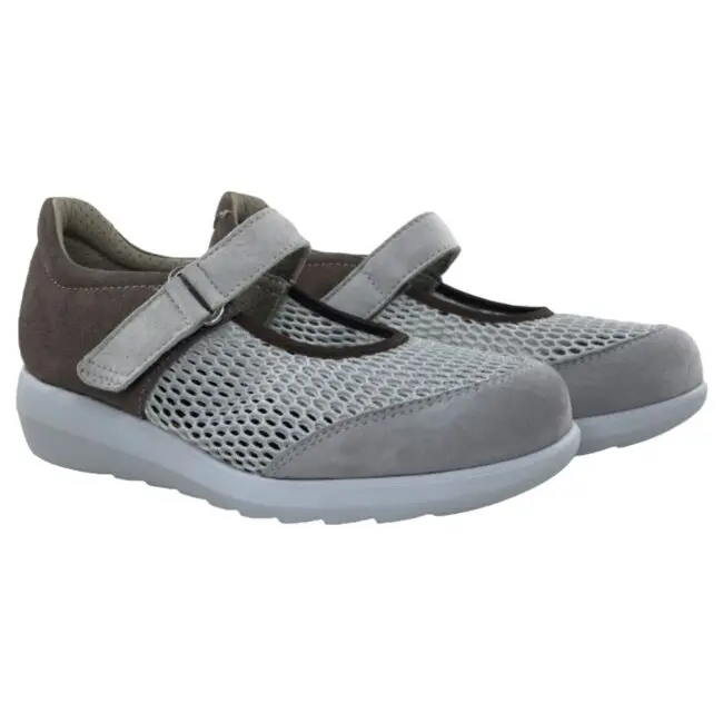 Ballet flats with grid, comfortables, with velcro fastening, grey colour, model 7632-G Suede