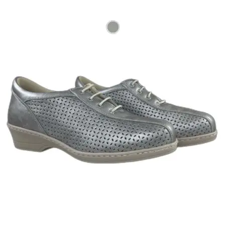Zapato picado de acho especial para mujer con cierre cordón, color plata, modelo 6947-P39