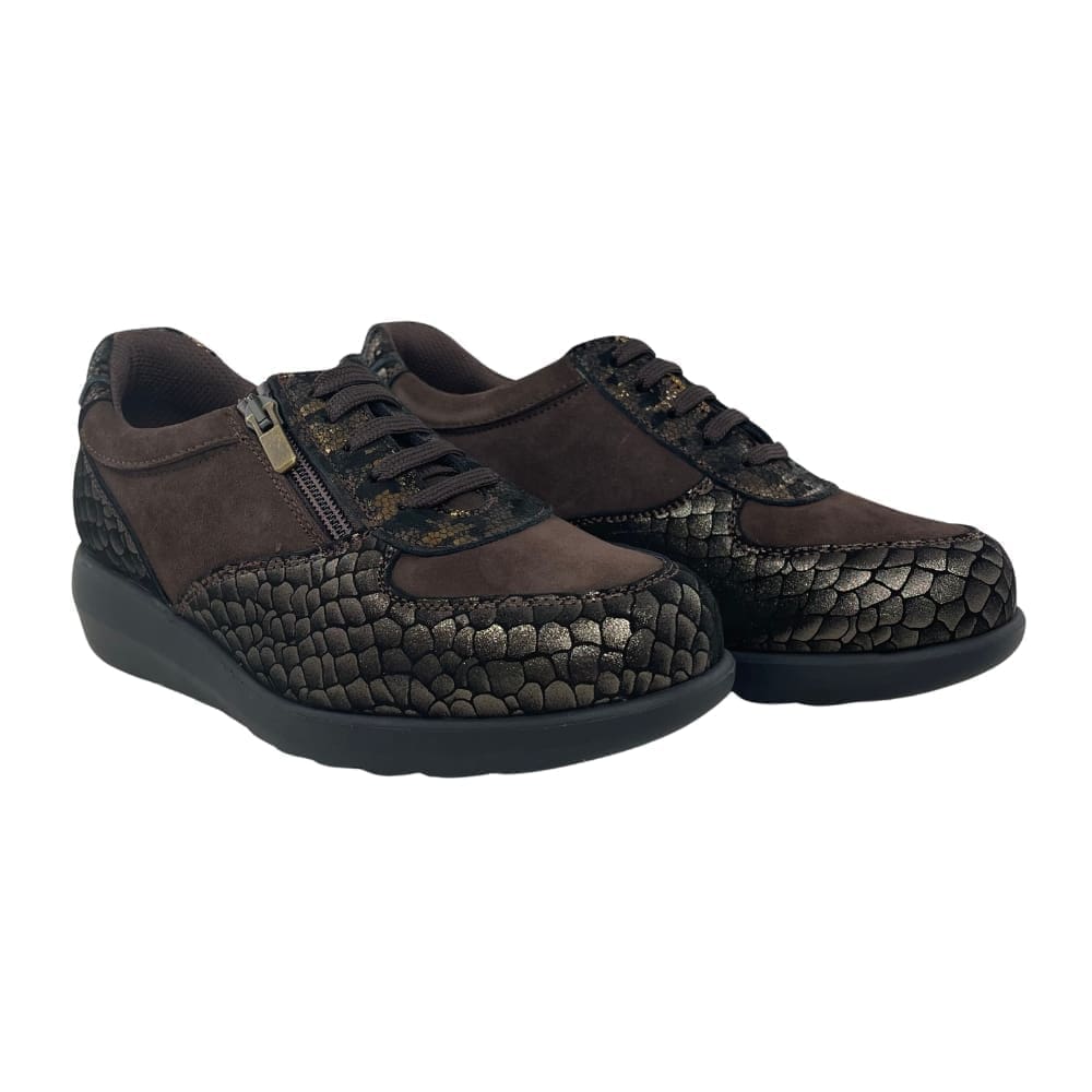 Comfortable sneakers with laces and zip fastening, coffee colour, model 7777-G V2