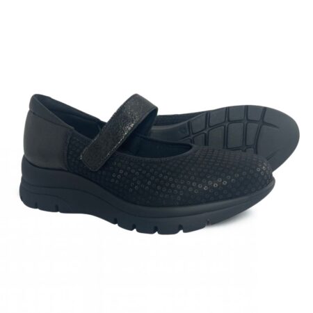 Merceditas 8315 mujer negro piel y tejido, merceditas confort con velcro y plantilla extraíble