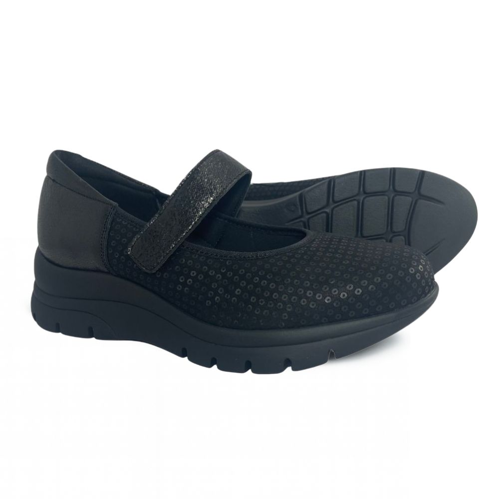Merceditas 8315 mujer negro piel y tejido, merceditas confort con velcro y plantilla extraíble