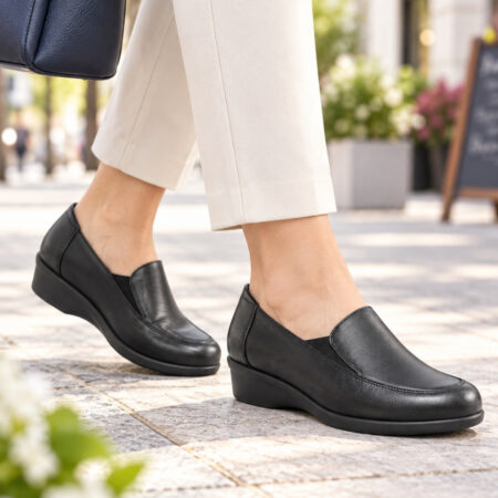Mujer vistiendo mocasín confort 8491 color negro, plantilla extraíble, suela ligera y antideslizante, marca Pinoso's