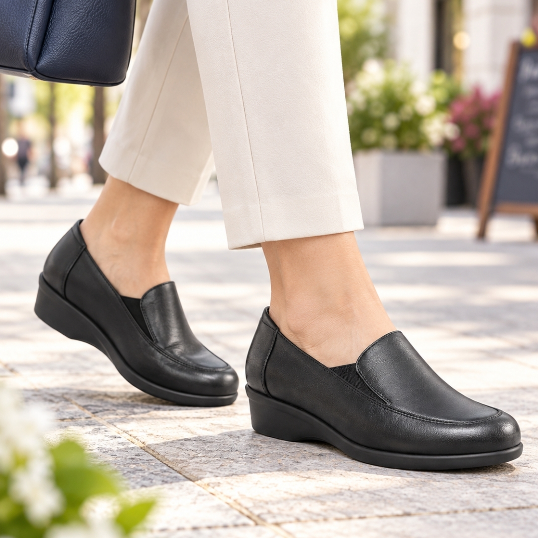Mujer vistiendo mocasín confort 8491 color negro, plantilla extraíble, suela ligera y antideslizante, marca Pinoso's